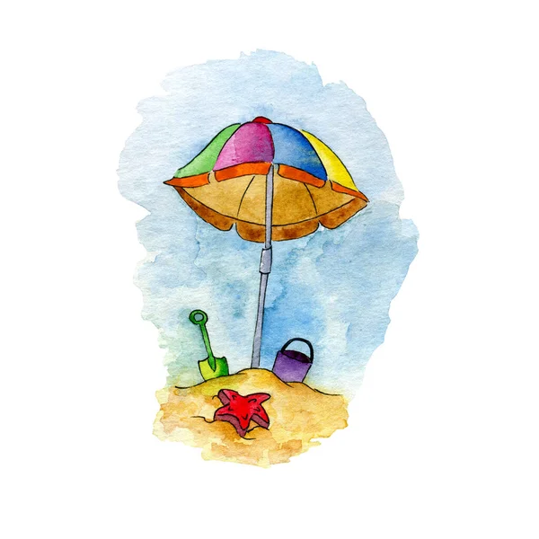 水彩手はカラフルな夏のビーチイラストを描いた — ストック写真