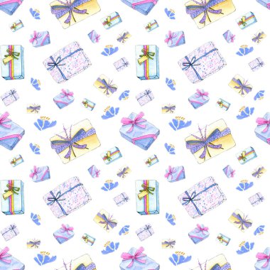 Suluboya el boyası hediyeler ve çiçek desenleri beyaz arka planda