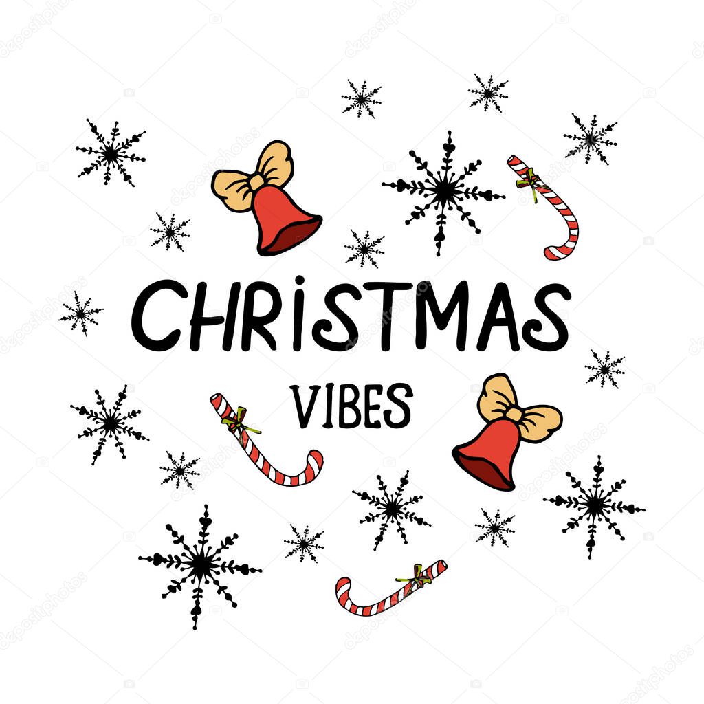 Christmas vibes lettering with decor on white background