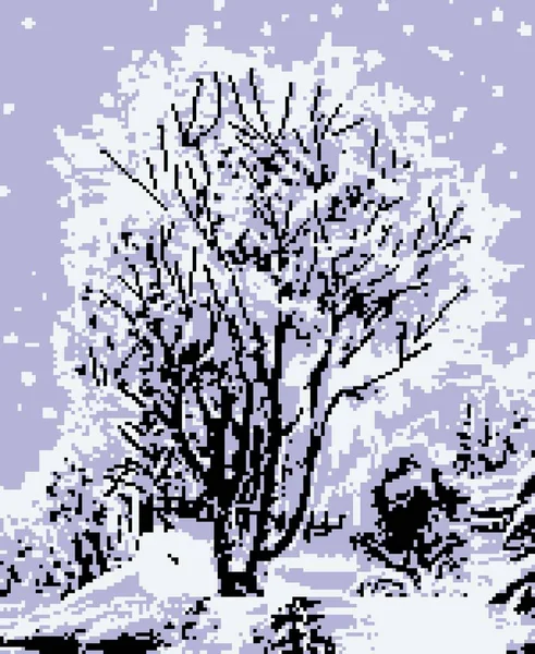 Arbore de iarnă sub zăpadă, desen pixel — Fotografie, imagine de stoc