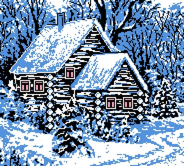 Cabanas de inverno na floresta sob a neve, pequena paisagem, desenho de pixel — Fotografia de Stock