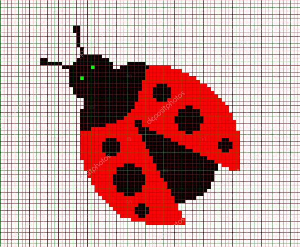 red ladybug, drawing on cells, for embroidery and knitting