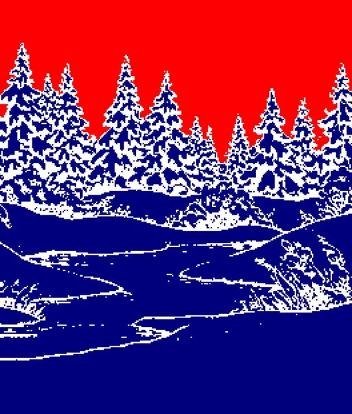 Knitted. winter. red and blue, winter forest,Pixel pattern