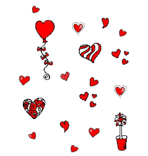 Червоні серця в одному наборі. піксельний малюнок, для рукоділля та вишивки , — стокове фото