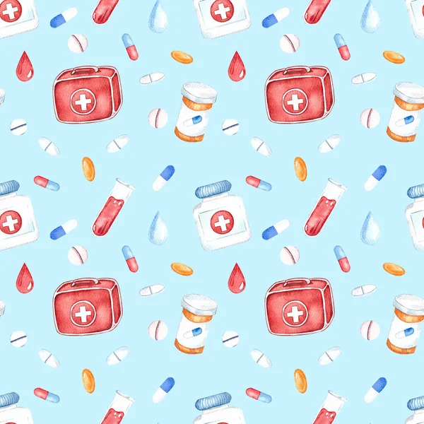 Seamless pattern with medical instruments, first aid kit, pills, heart, stethoscope, medical mask. Health and science. Watercolor painting.Colored background