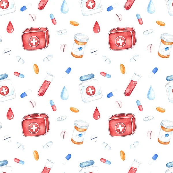 Seamless pattern with medical instruments, first aid kit, pills, heart, stethoscope, medical mask. Health and science. Watercolor painting.