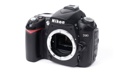 Nikon D90, a 12.3 megapixel digital single-lens reflex camera (DSLR) model that replaces the Nikon D80. It is the first DSLR with video recording capabilities. clipart