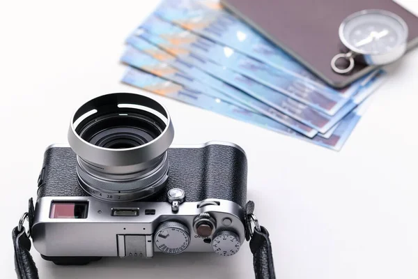 Câmera Vintage Bússola Passaporte Dinheiro Preparado Para Viagens Imagem Com — Fotografia de Stock