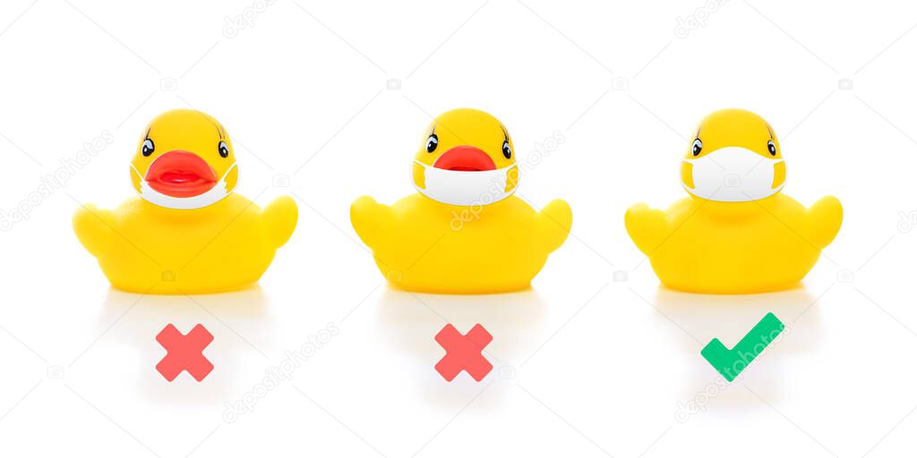 cute yellow rubber ducks in face masks on white background, image shows how to wear mask properly covering over nose and mouth, concept of flu prevention during situation of COVID-19 to stop pandemic