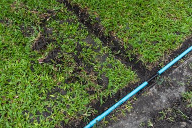 Yerdeki elektrik kablosu ya da kablo tesisatı yeraltındaki elektrik kabloları için mavi plastik boru.