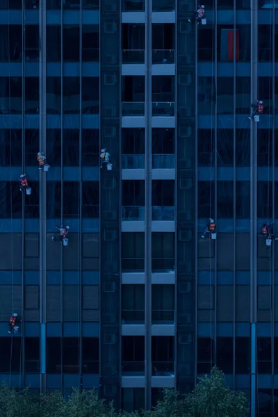 high-rise window washers with scaffold system working on windows of skyscraper, night time filter effect