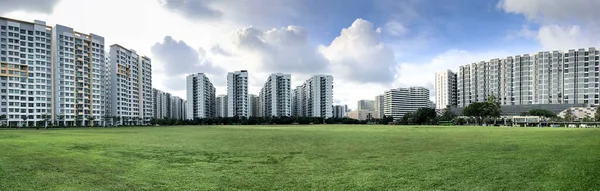 Singapur 'daki panoramik manzaralı kamu konutları Punggol Bölgesi, Singapur. Yeşil çimen sahası üzerinde Konut Geliştirme Kurulu (HDB)