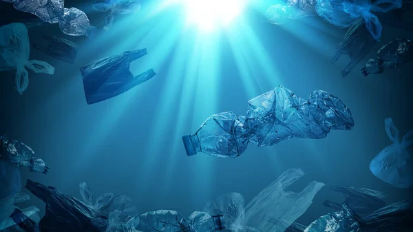 PET plastik şişelerinin yaratıcı arka planı ve tek kullanımlık plastik torbalar güneş ışığı etkisi ışınları, polietilen tereftalat plastiği, çevre kirliliği kavramı.