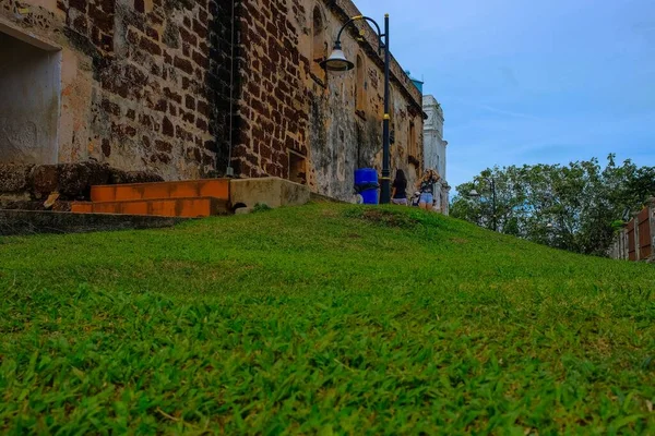 Malacca Malaysia 2019 Dec Alacsony Szögű Kép Régi Külső Téglafal — Stock Fotó