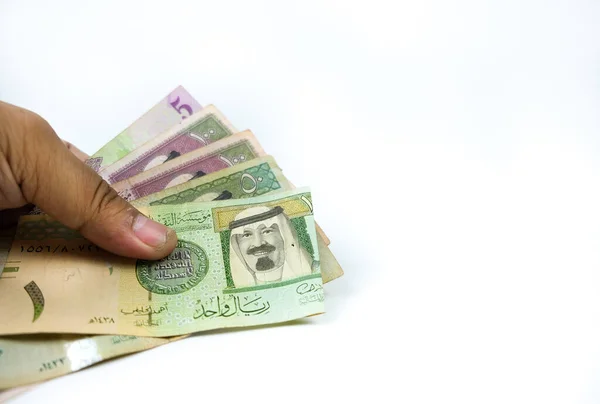 Immagine Delle Dita Dell Uomo Che Reggono Note Riyal Saudita — Foto Stock