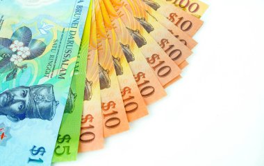 Renkli brunei dolar banknotlarının çeşitli değerlerde yakın plan çekimleri. 1, 5, 10, 100 dolar beyazdan fazla. Banknotlara odaklan.
