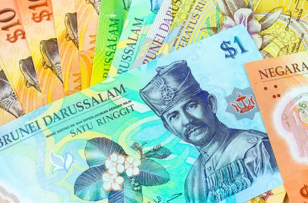 Renkli brunei dolar banknotlarının çeşitli değerlerde yakın plan çekimleri. 1, 5, 10, 100 dolar beyazdan fazla. Banknotlara odaklan.