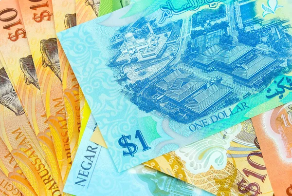 Primer Plano Los Coloridos Billetes Dólar Brunei Varios Valores 100 — Foto de Stock