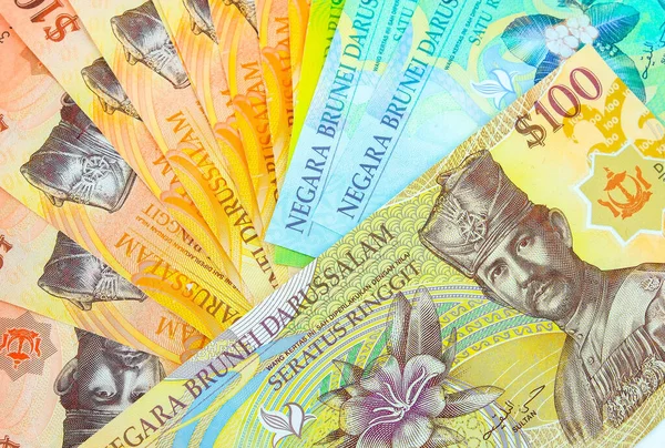 Großaufnahme Bunter Brunei Dollar Banknoten Unterschiedlichen Wert Von 100 Über — Stockfoto