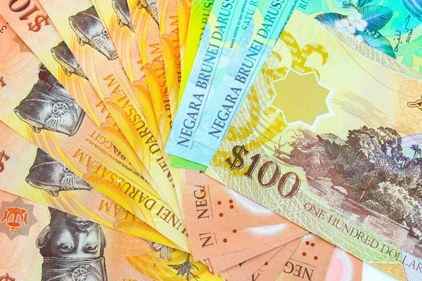 Großaufnahme Bunter Brunei Dollar Banknoten Unterschiedlichen Wert Von 100 Über — Stockfoto