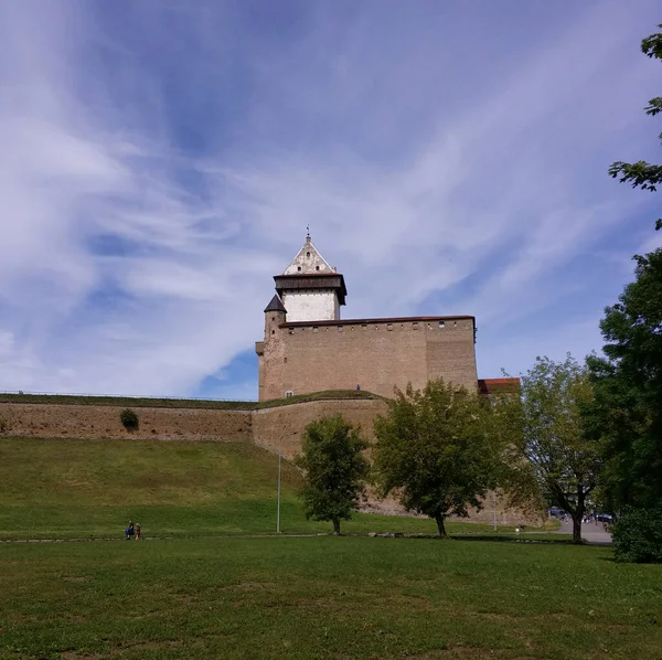 Castelo Narva Contra Pano Fundo Gramado Verde Céu Azul Verão — Fotografia de Stock