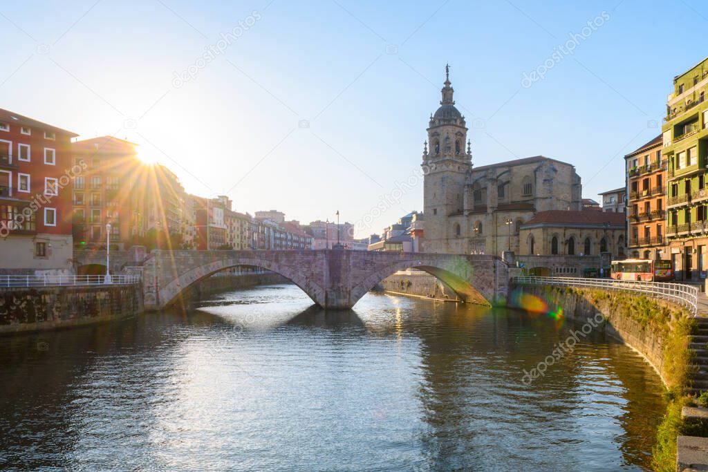 views of bilbao old town with san anton church at background