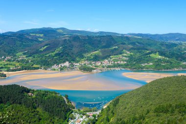 Bask balıkçı kasabasının ve sahil şeridinin havadan görünüşü