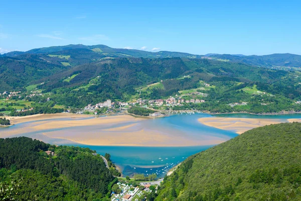 Bask balıkçı kasabasının ve sahil şeridinin havadan görünüşü