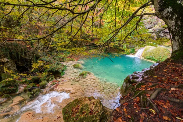 Colorido Paisaje Otoñal Fuente Urederra España —  Fotos de Stock