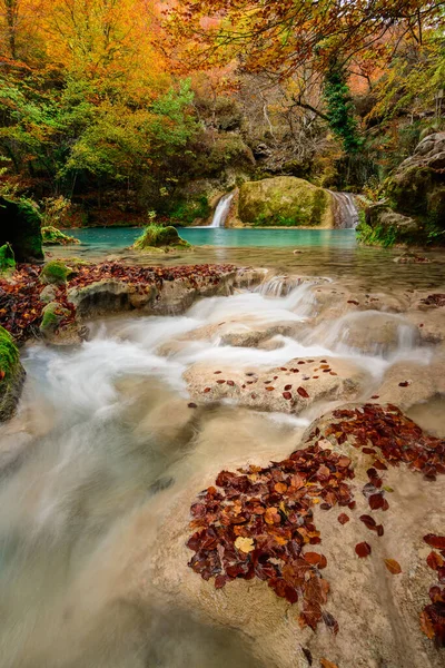 Barevná Podzimní Krajina Zdroje Urederra Španělsko — Stock fotografie