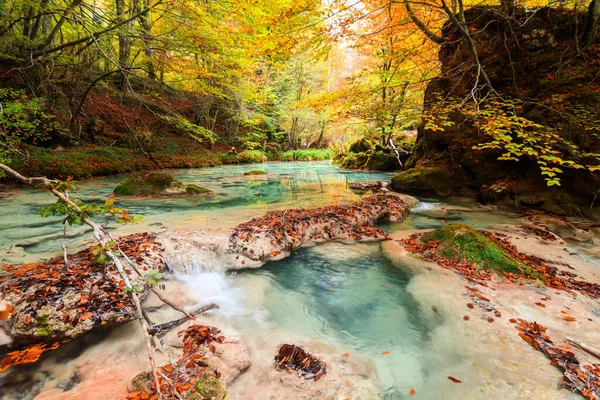 Barevná Podzimní Krajina Zdroje Urederra Španělsko — Stock fotografie