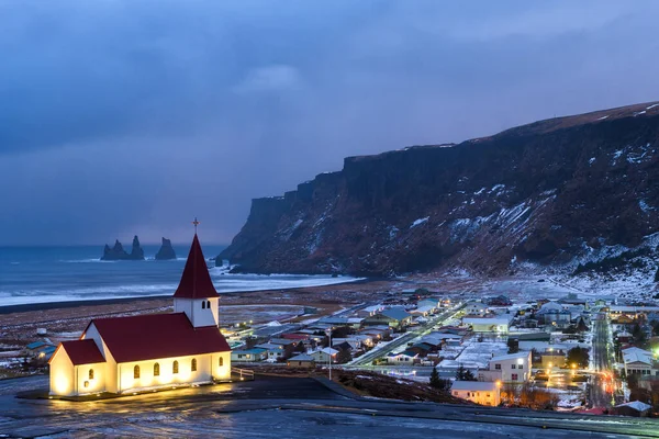 Όμορφη Πόλη Του Vik Myrdal Νύχτα Του Χειμώνα Iceland — Φωτογραφία Αρχείου