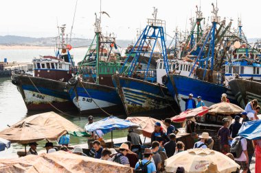 Essauria, Fas. 12 Haziran 2017: Fas balıkçı tekneleri Essaouira limanına yığıldı