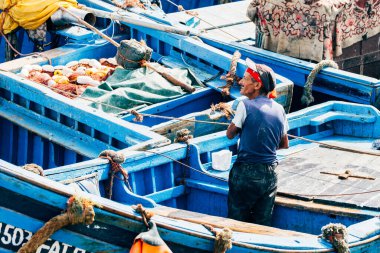 Essauria, Fas. 12 Haziran 2017: Fas balıkçı tekneleri Essaouira limanına yığıldı