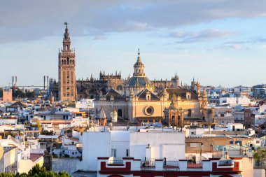 Arka planında Giralda kulesi çanı olan Sevilla 'nın eski kasabasının panoramik manzarası