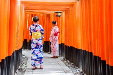 Kyoto, Japonya. 10 Ağustos 2018: Kyoto, Japonya 'da Fushimi inari' nin kırmızı torii kapısı