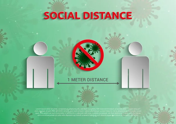 Covid-19 salgınında enfeksiyonun yayılmasını önlemek için sosyal mesafe 1 metre. 1 metre uzaklık kavramına sahip iki kişinin vektör illüstrasyonu ve bakteri simgesi yaymayı bırak.