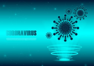 Mavi fütüristik arka planda Coronavirus COVID-2019 hologramı. Ölümcül virüs türü 2019-nCoV. Koronavirüs bakterisinin 3 boyutlu modelleri. Vektörel illüstrasyon