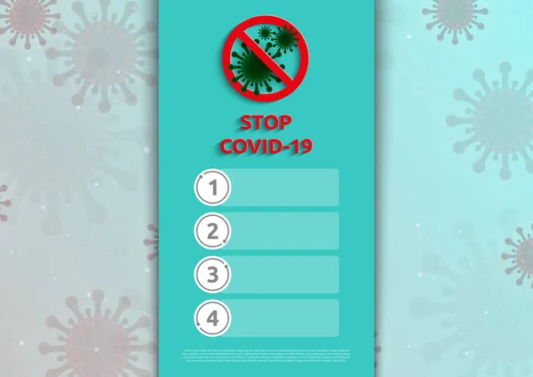 Coronavirus bilgi-grafik vektör illüstrasyonunu durdur. Covid-19 salgını, salgın hastalık. Farklı başyazı ve tasarım amaçları için 4 adım virüs bilgi grafikleri şablonunu durdur