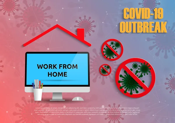 Ev konsepti, sosyal uzaklık şirketi Covid-19 Salgını 'ndaki virüs enfeksiyonunu önlemek için çalışanların evde çalışmasına izin veriyor. Monitör ekranı, çalışma istasyonu ve bakteri işaretini durdur.