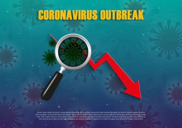 Virüs piyasa konseptini vurdu. Hisseler düşüyor. Piyasalar düşüyor. Ekonomik serpinti. 2019 Roman Coronavirüs salgını. Covid-19. Virüs bakterisi ve aşağı ok üzerindeki büyüteç çizimi.