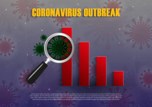 Virüs piyasa konseptini vurdu. Hisseler düşüyor. Piyasalar düşüyor. Ekonomik serpinti. 2019 Roman Coronavirüs salgını. Covid-19. Virüs bakterisi üzerine büyüteç çizimi ve grafiği.