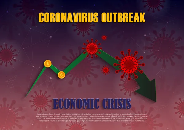 Virüs piyasa konseptini vurdu. Hisseler düşüyor. Piyasalar düşüyor. Ekonomik serpinti. 2019 Roman Coronavirüs salgını. Covid-19. Grafik ve oku aşağıda olan para ve bakterilerin vektör illüstrasyonu.