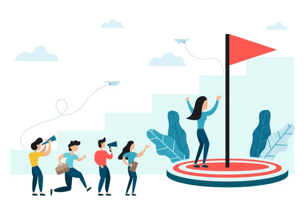 İş Vizyonu, insanlarla büyük hedef, takım çalışması, insanlar hedeflerine doğru koşuyor, motivasyonlarını yükseltiyor, hedef başarısı, başarılı sözleşme ekibi çalışması. Web sayfası, afiş, sunum kavramı.