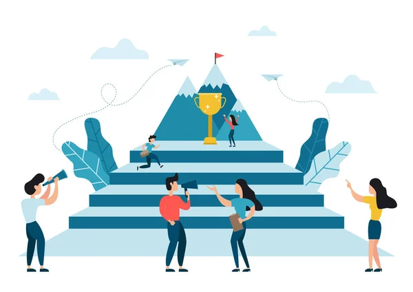 İş adamı büyük kupa, kariyer, meydan okuma ve hedefe giden yolda merdivenlerden çıkıp hedefe koşuyor. İş kavramı başarıya, yaratıcı fikirlere, hedefe ulaşır..