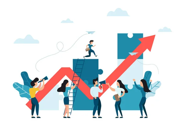 Yapboz elementlerini birleştiren insanlar sütunları büyük kırmızı okla birleştiriyorlar. Vektör illüstrasyon düz tasarım tarzı. İş konsepti. Takım metaforu. Takım çalışması, işbirliği, ortaklık sembolü.