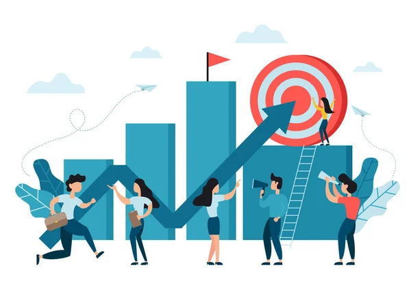 Hedefi gösteren okla büyük hedefe dikilen iş kadını neşeleniyor ve insanlar hedeflerine koşuyor, motivasyonlarını yükseltiyor, hedef başarısı, başarılı oluyor..