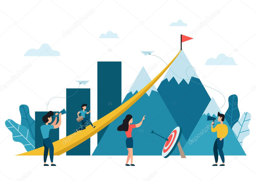 Vector illustration, people run to their goal on the peak of the mountain with the graphs and arrow target, move up motivation, the path to the target's achievement, mission and vision.