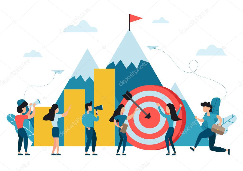 Business mission target, people run to their big target with yellow graphs and mountain in the back with red flag. Business concept growth to success, creative ideas, achievement, path to the goal.