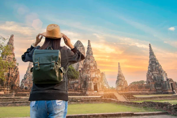 Schöne Hipster Reisen Entspannend Historischen Park Von Ayutthaya Thailand Bei — Stockfoto